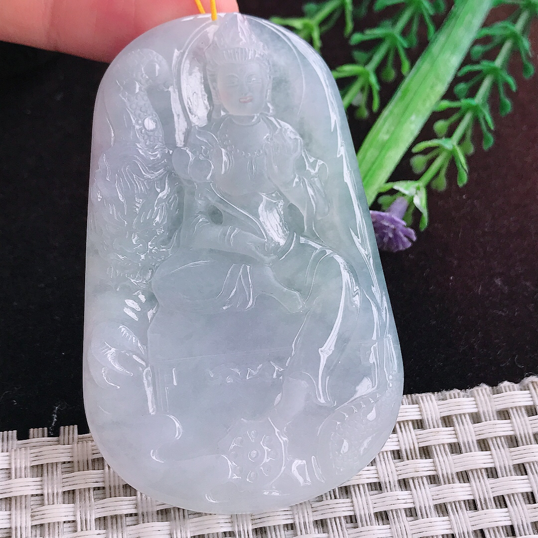 实拍A货翡翠67/43.5/5.5老坑冰胶果冻持莲观音吊坠翡翠玉大势至挂件