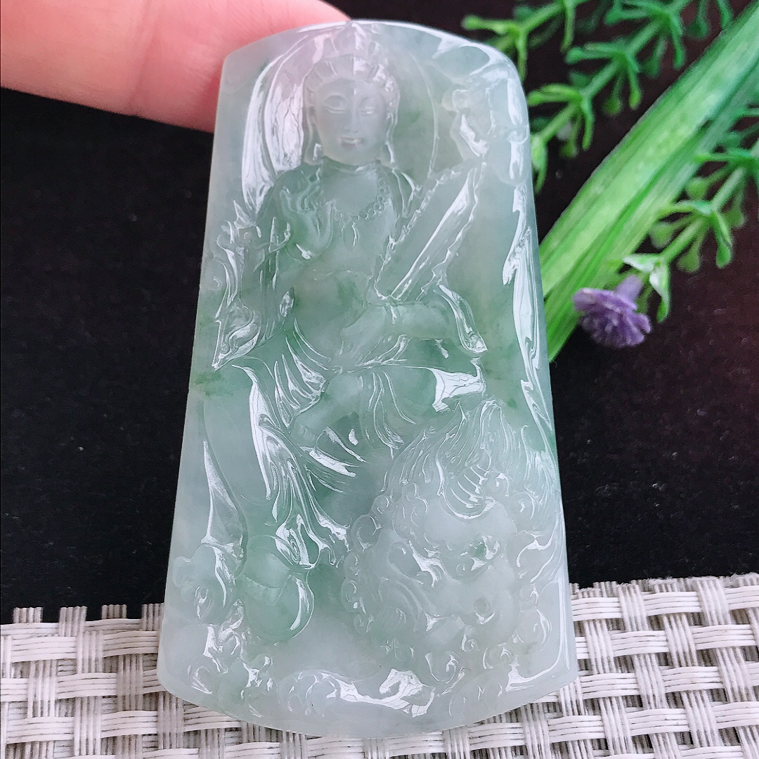 实拍A货翡翠70.5/42.8/5.7老坑冰润起胶冰飘花文殊菩萨吊坠翡翠玉挂件