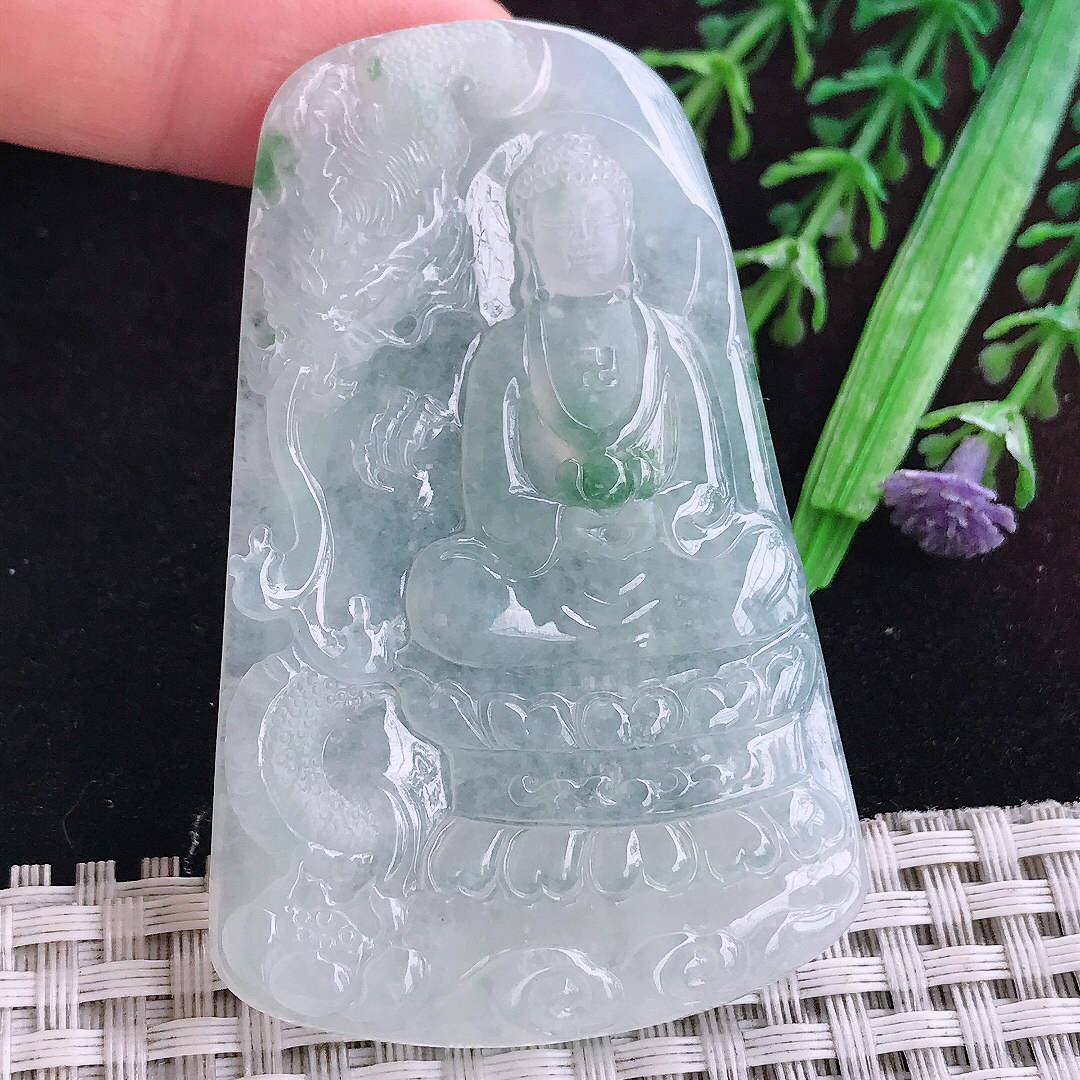 实拍A货翡翠65/41.5/6.1老坑冰胶果冻冰飘花大日如来佛祖吊坠翡翠玉