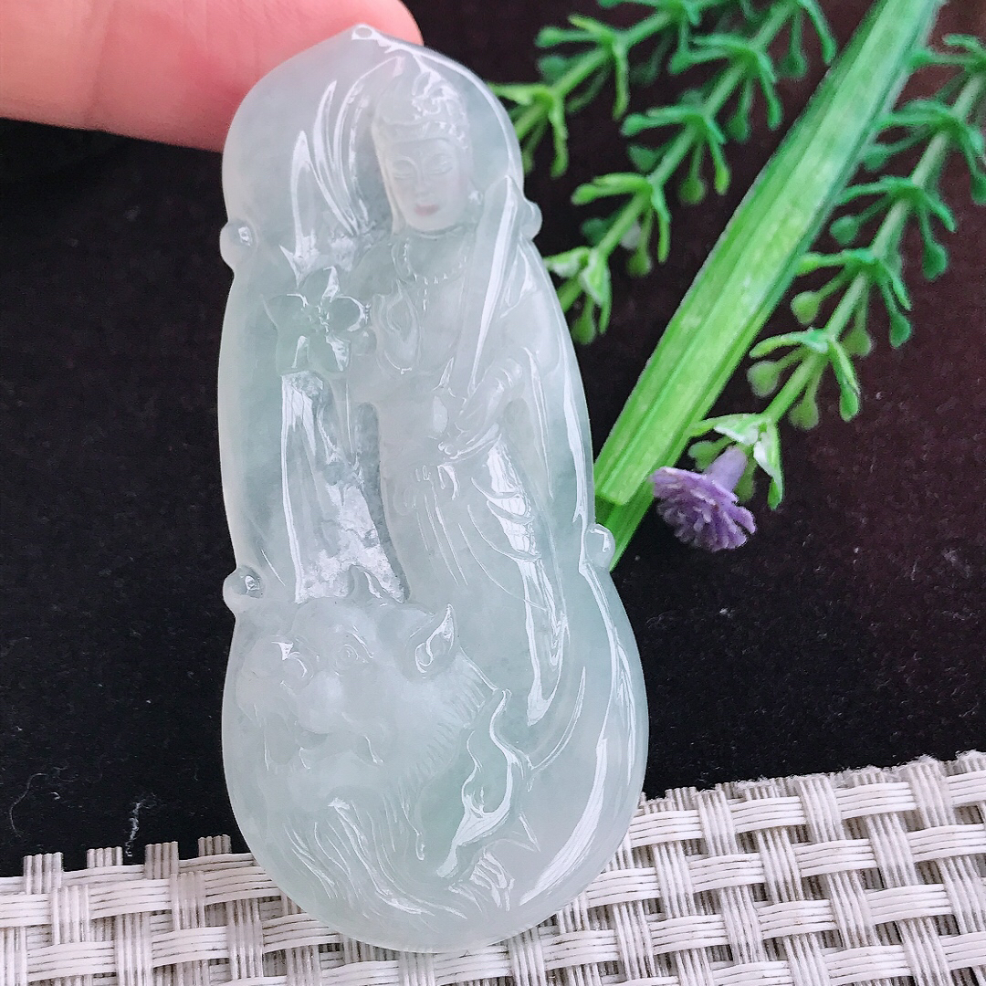 实拍A货翡翠69/32.5/5.5老坑冰透果冻胶冰晴文殊菩萨吊坠翡翠玉挂件