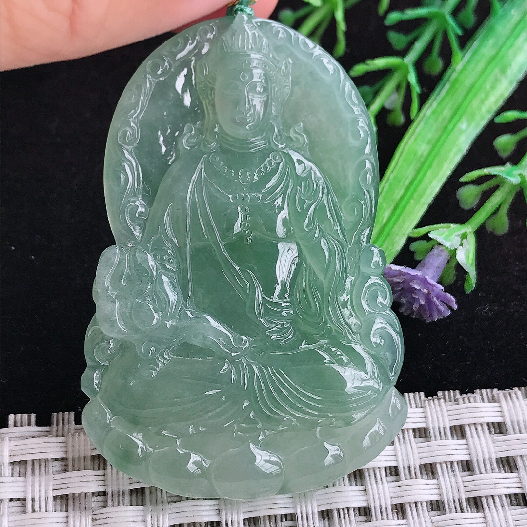 实拍A货翡翠51.6/36/5.5老坑冰透起胶冰晴满绿观音菩萨吊坠翡翠玉挂件