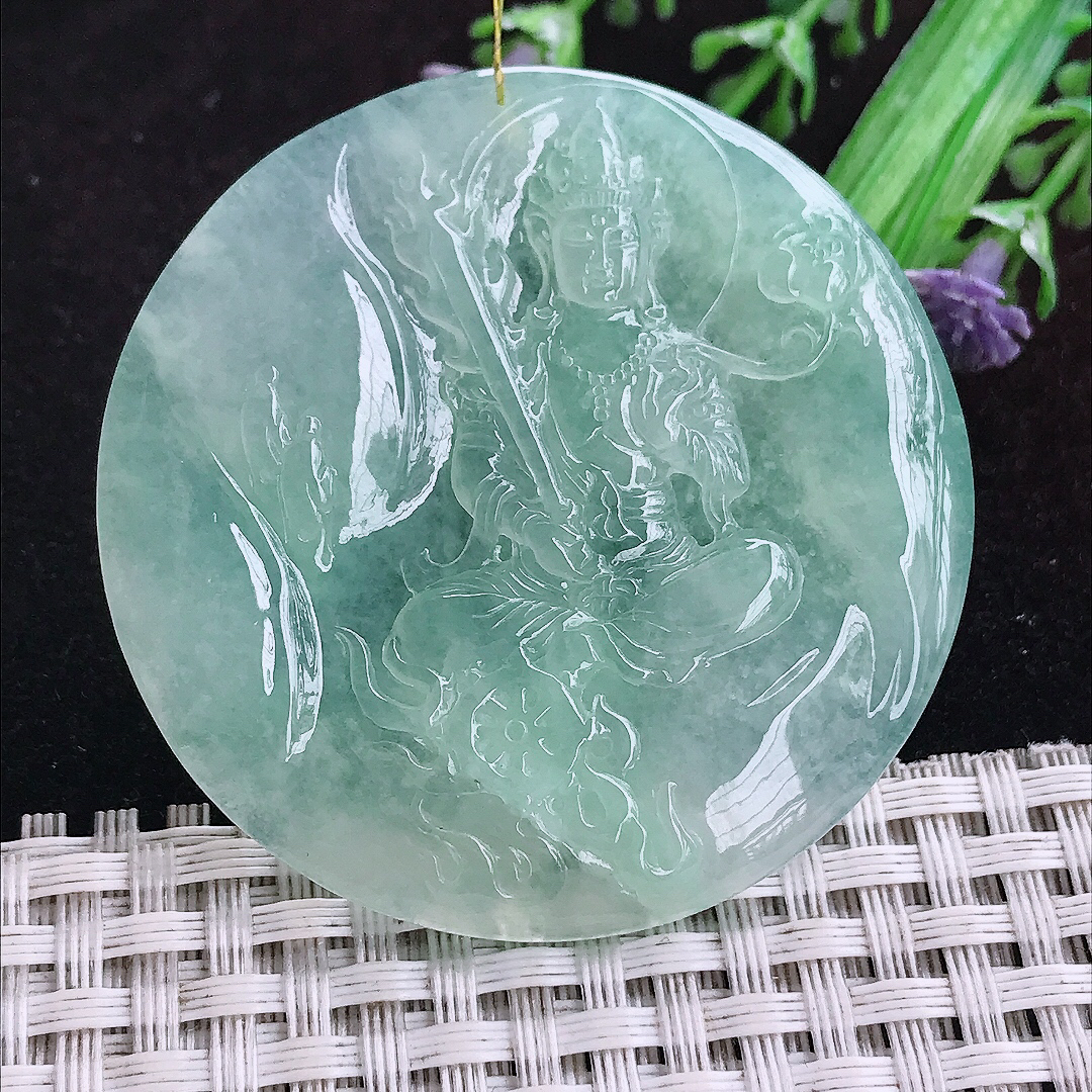 实拍A货翡翠50/5.4老坑冰胶果冻冰晴绿虚空藏菩萨吊坠翡翠玉挂件
