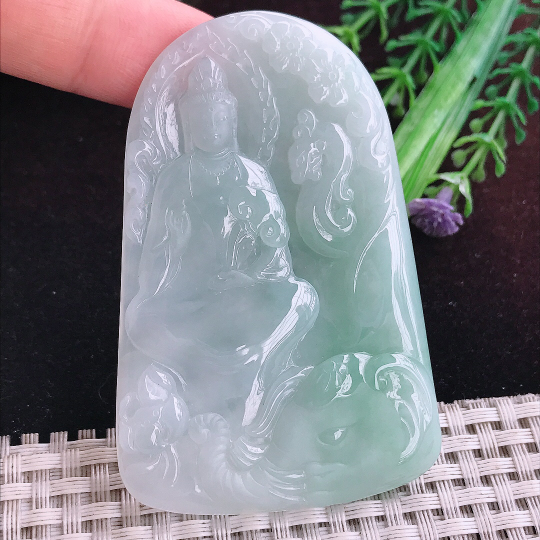 实拍A货翡翠70.6/46/5.6老坑冰润起胶晴底普贤菩萨吊坠翡翠玉观音挂件