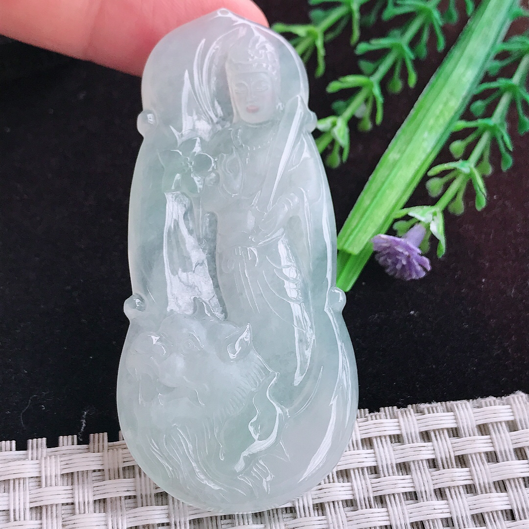 实拍A货翡翠69/32.5/5.5老坑冰透果冻胶冰晴文殊菩萨吊坠翡翠玉挂件