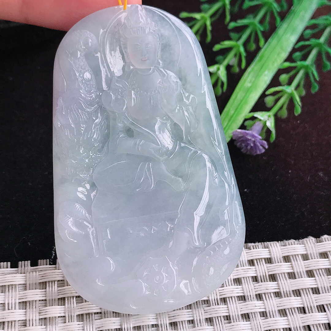 实拍A货翡翠67/43.5/5.5老坑冰胶果冻持莲观音吊坠翡翠玉大势至挂件