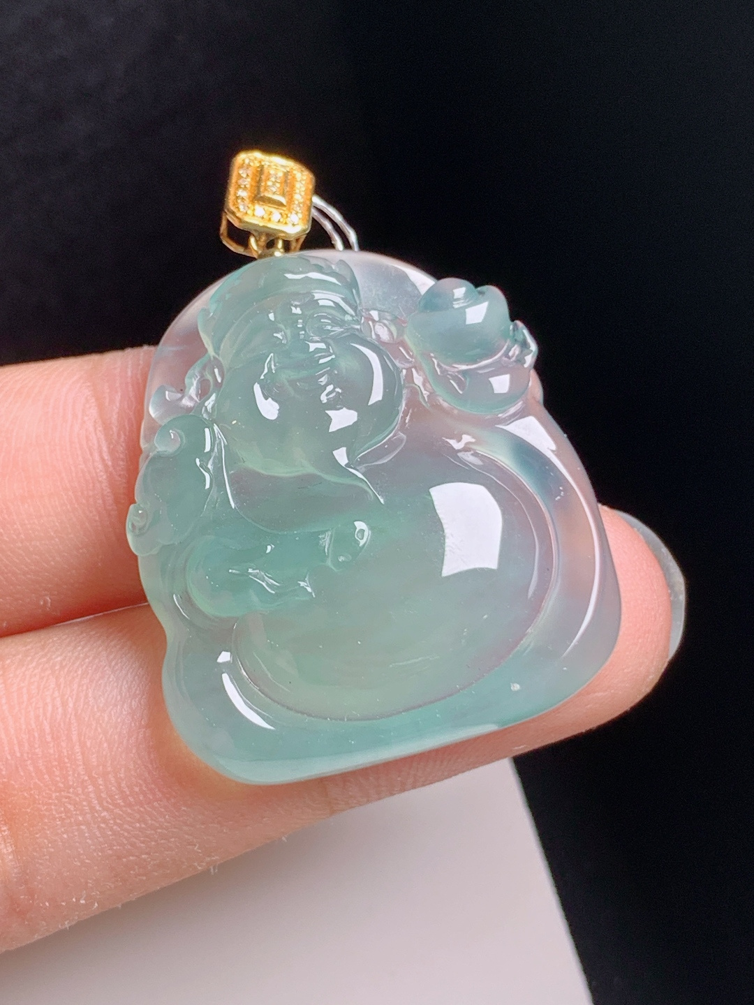 高冰晴水财神爷吊坠，水润清透，雕工喜庆，招财纳福，裸石30.1-27.1-6.637.5，18