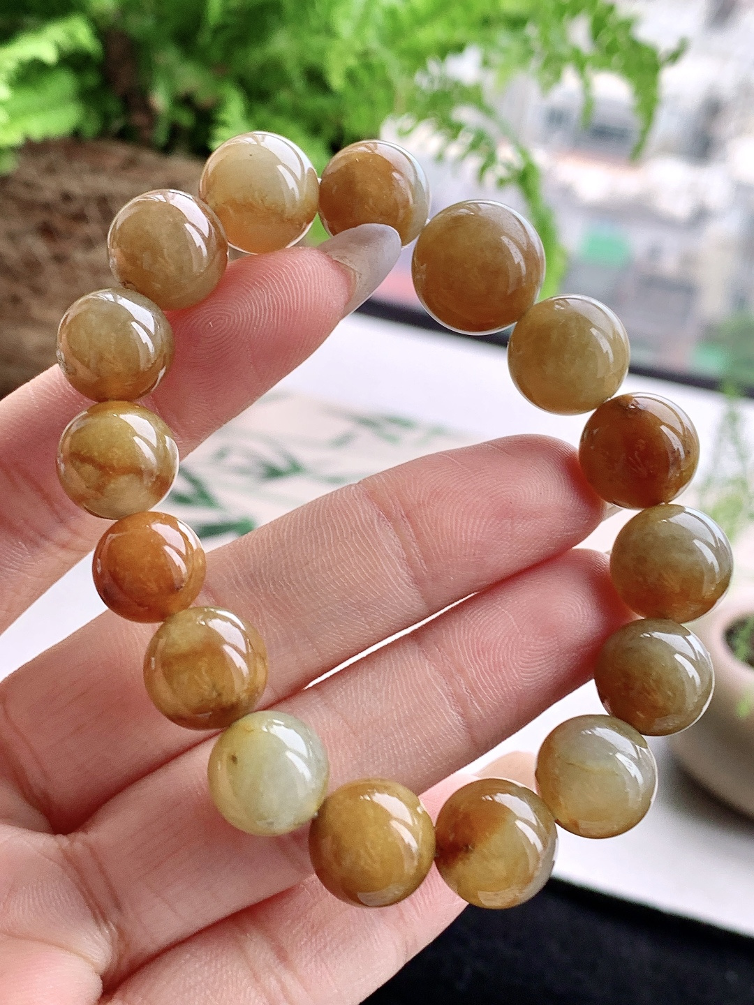 珠子糯冰黄翡手串圆珠子手串,性比高,尺寸10.5-14,重量48克