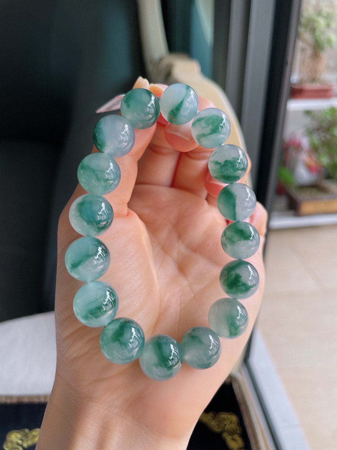 缅甸天然翡翠A货，冰飘花手链，尺寸：13mm。【编4004】