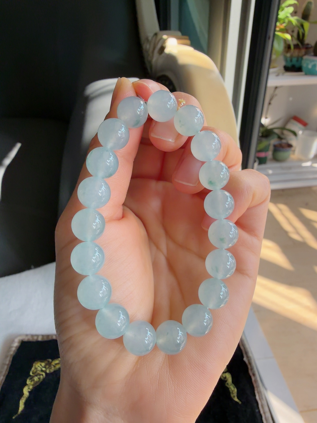 缅甸天然翡翠A货，冰飘花手链，尺寸：9.8mm。【编3191】
