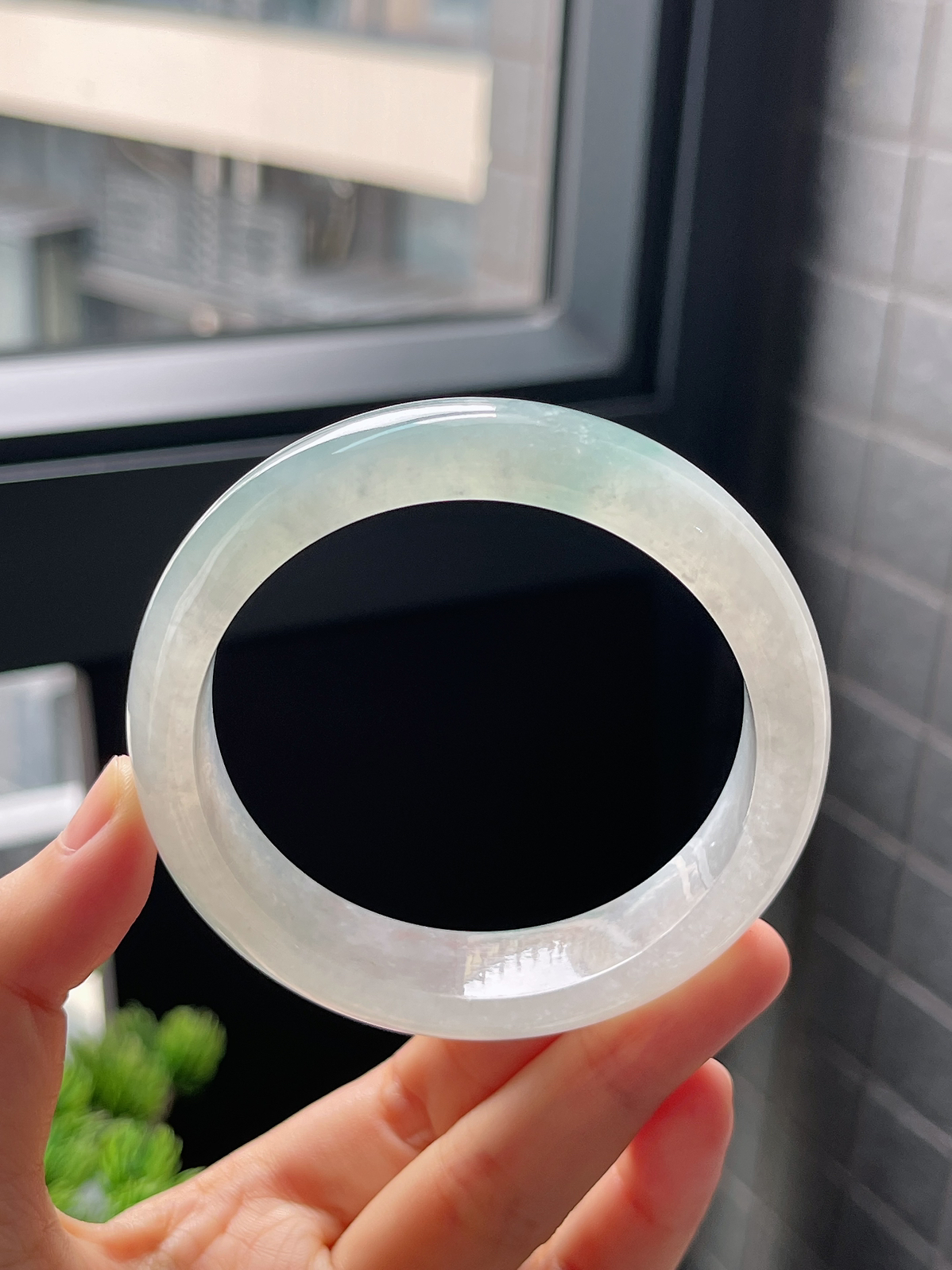 圈口58，冰糯飘蓝花翡翠正圈宽版手镯