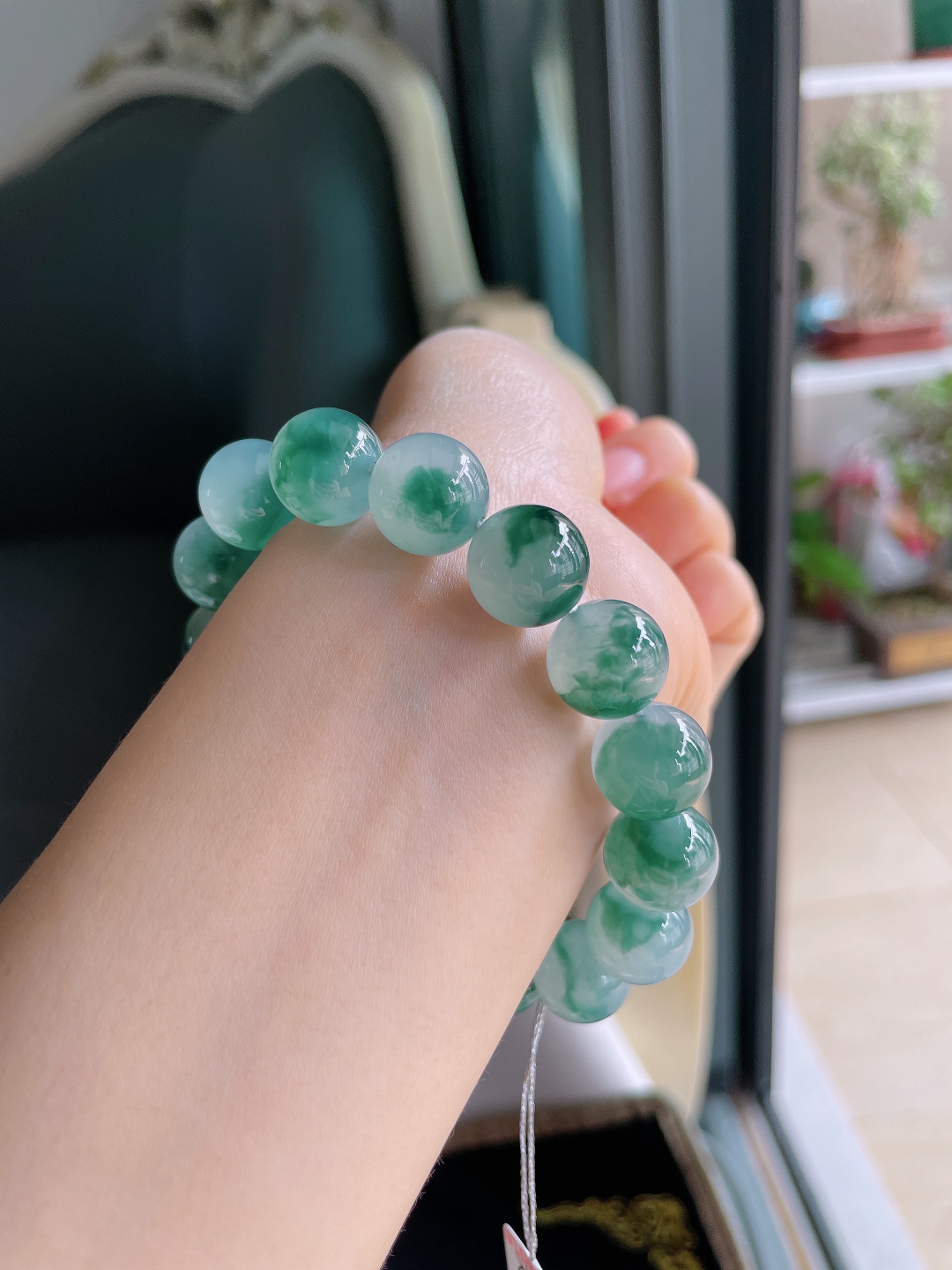 缅甸天然翡翠A货，冰飘花手链，尺寸：13mm。【编4004】