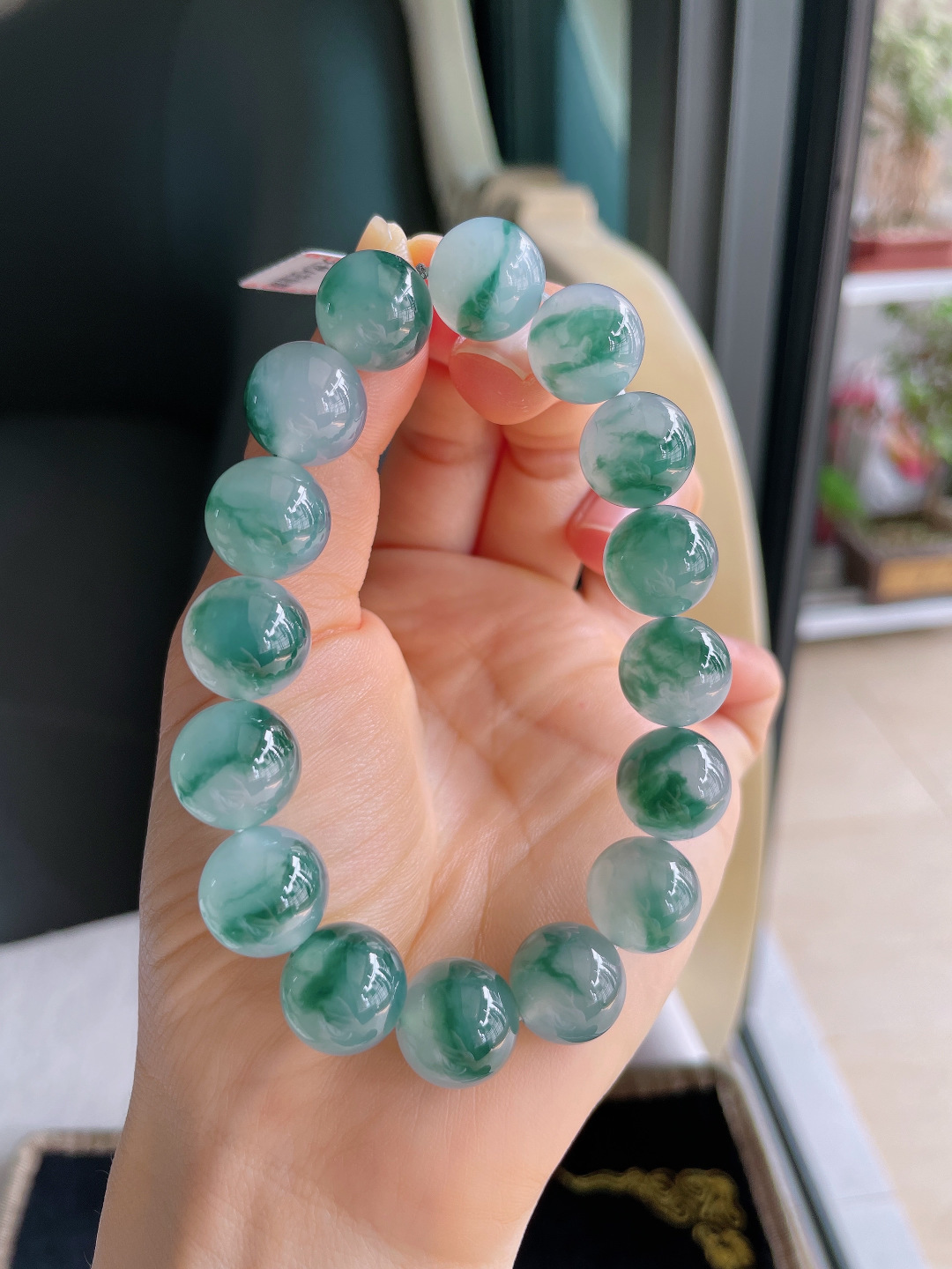 缅甸天然翡翠A货，冰飘花手链，尺寸：13mm。【编4004】