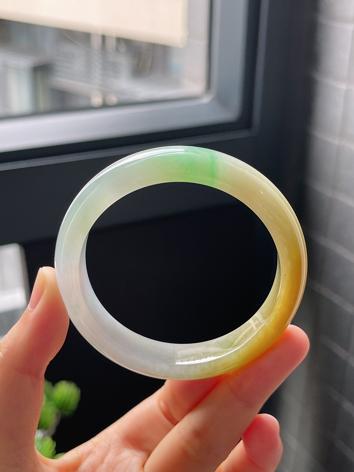 圈口51.5，冰糯种福禄三彩翡翠正圈手镯