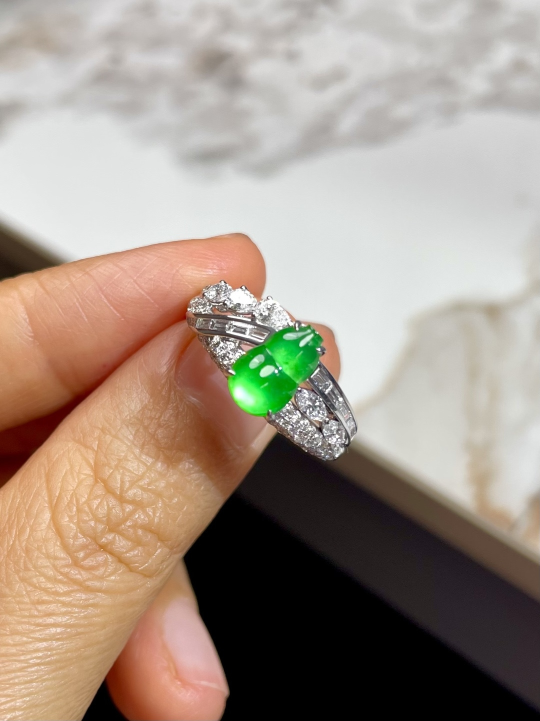 新品 | 玻璃种黄阳绿葫芦戒指裸石：9*6*3.5mm整体：9*6*6.5mm