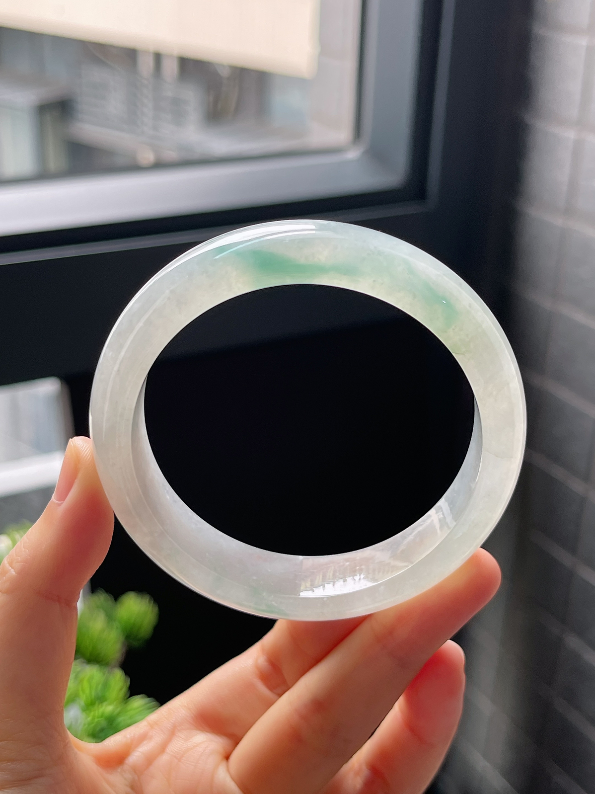 圈口58，冰糯飘蓝花翡翠正圈宽版手镯