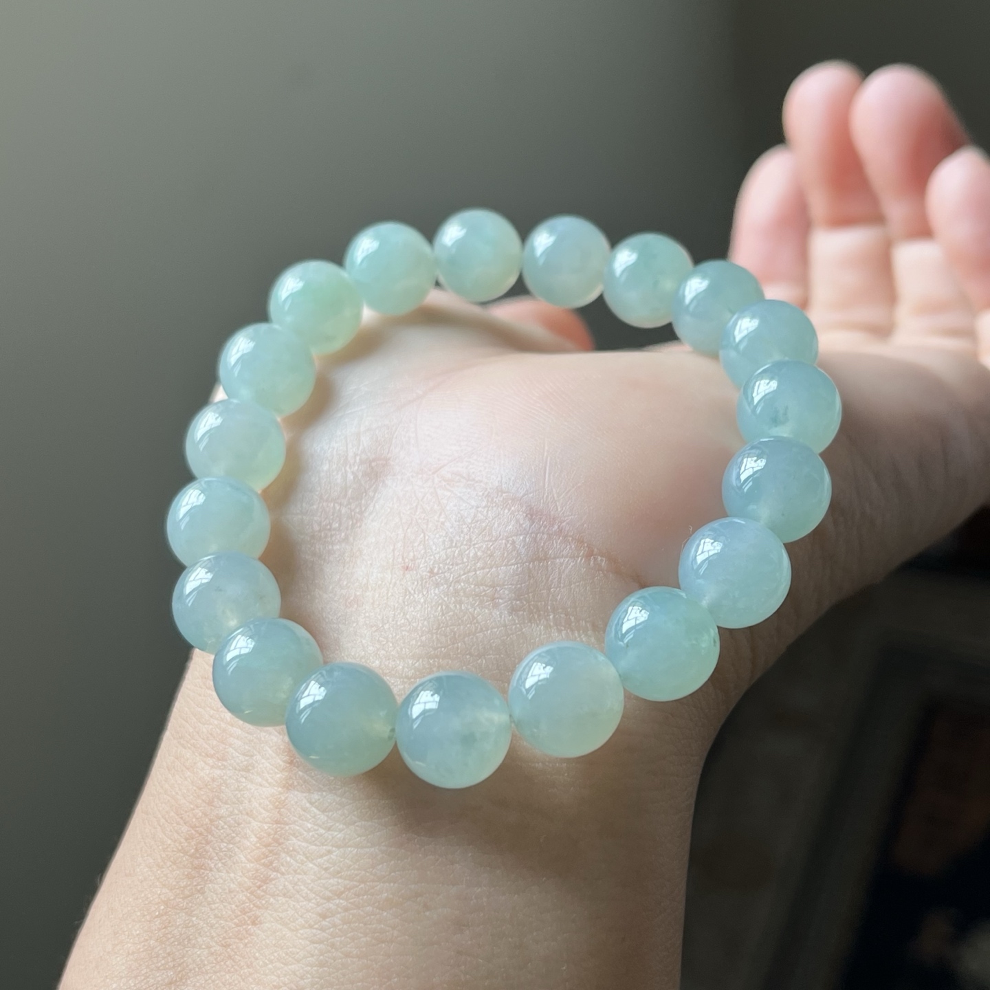 冰种天空蓝圆珠手链，种水好，冰透，尺寸10，超值