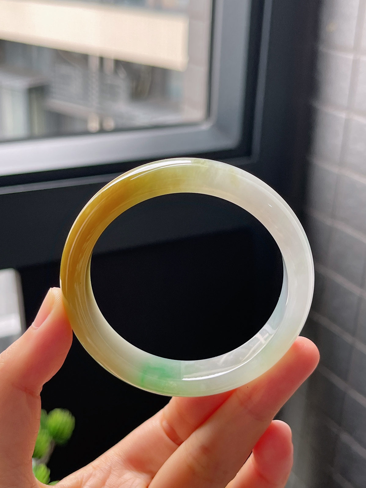 圈口51.5，冰糯种福禄三彩翡翠正圈手镯