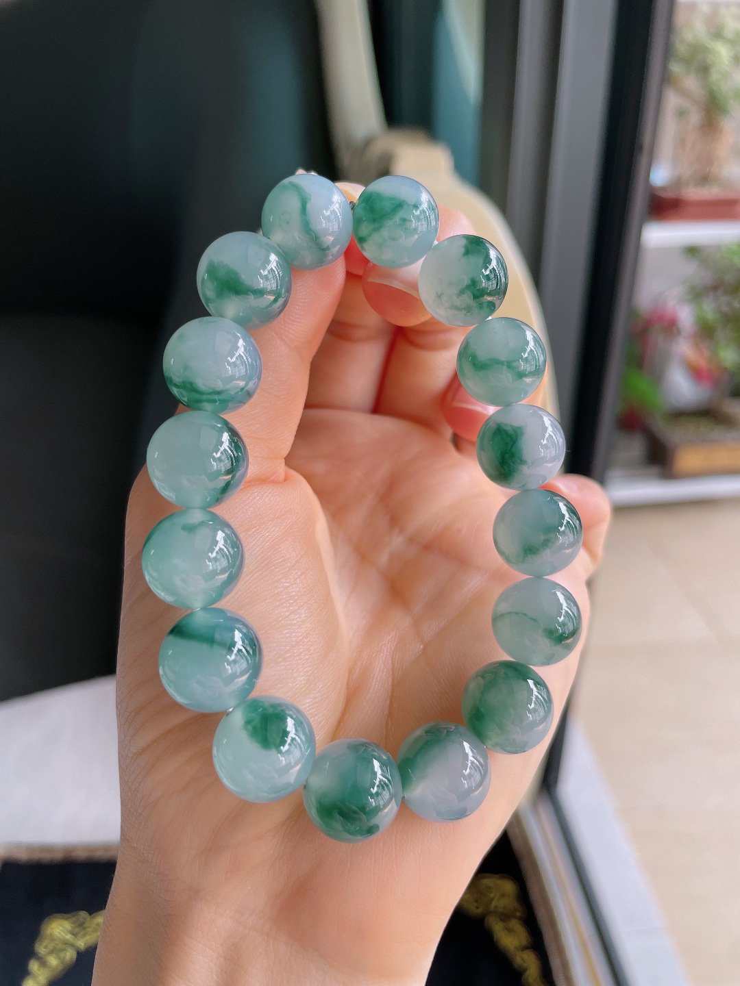缅甸天然翡翠A货，冰飘花手链，尺寸：13mm。【编4004】