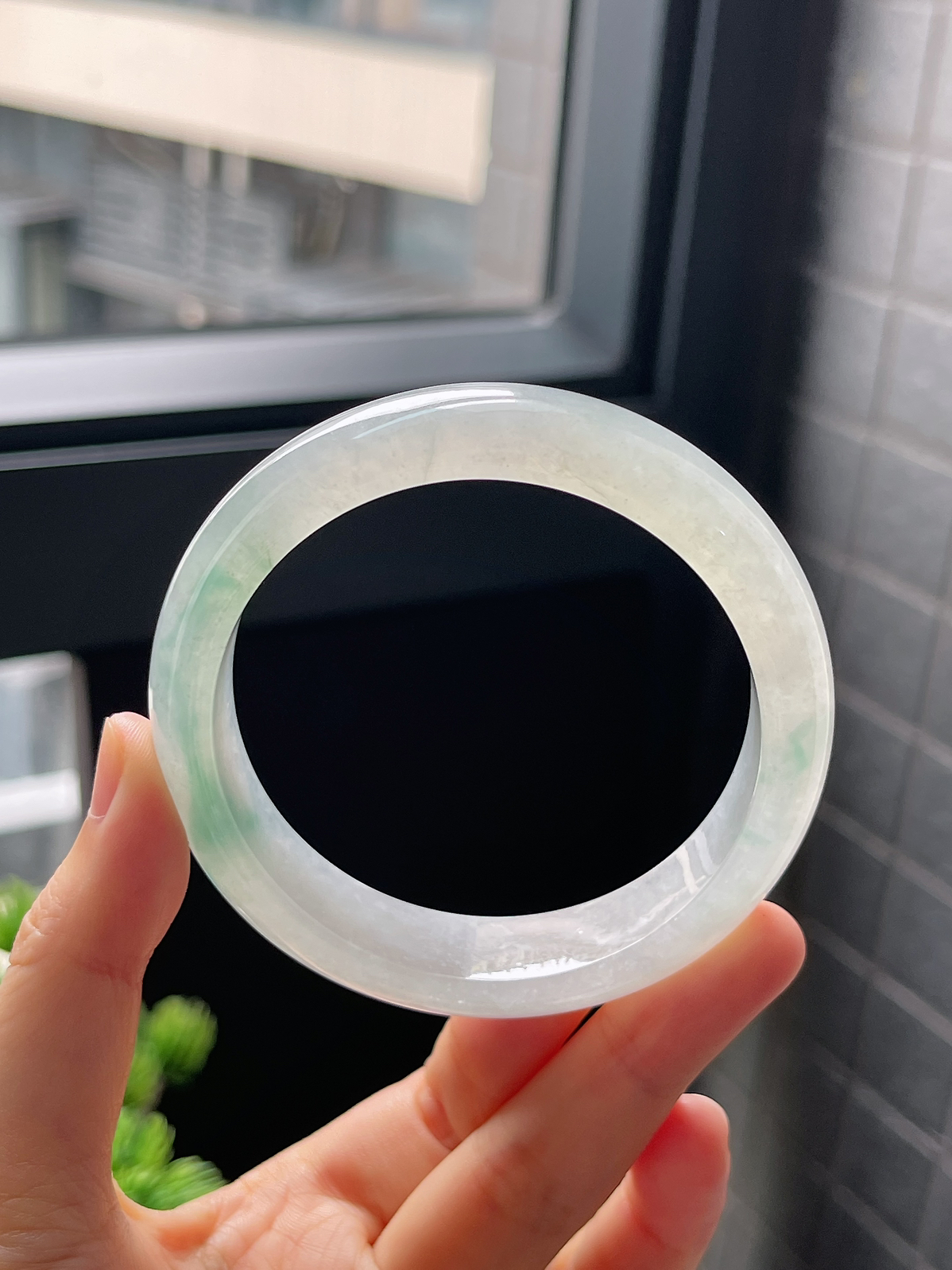 圈口58，冰糯飘蓝花翡翠正圈宽版手镯