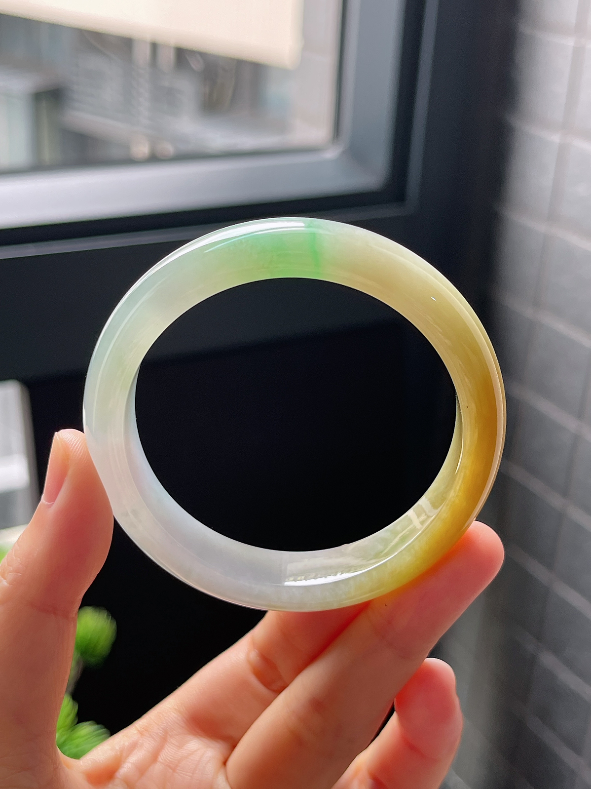 圈口51.5，冰糯种福禄三彩翡翠正圈手镯