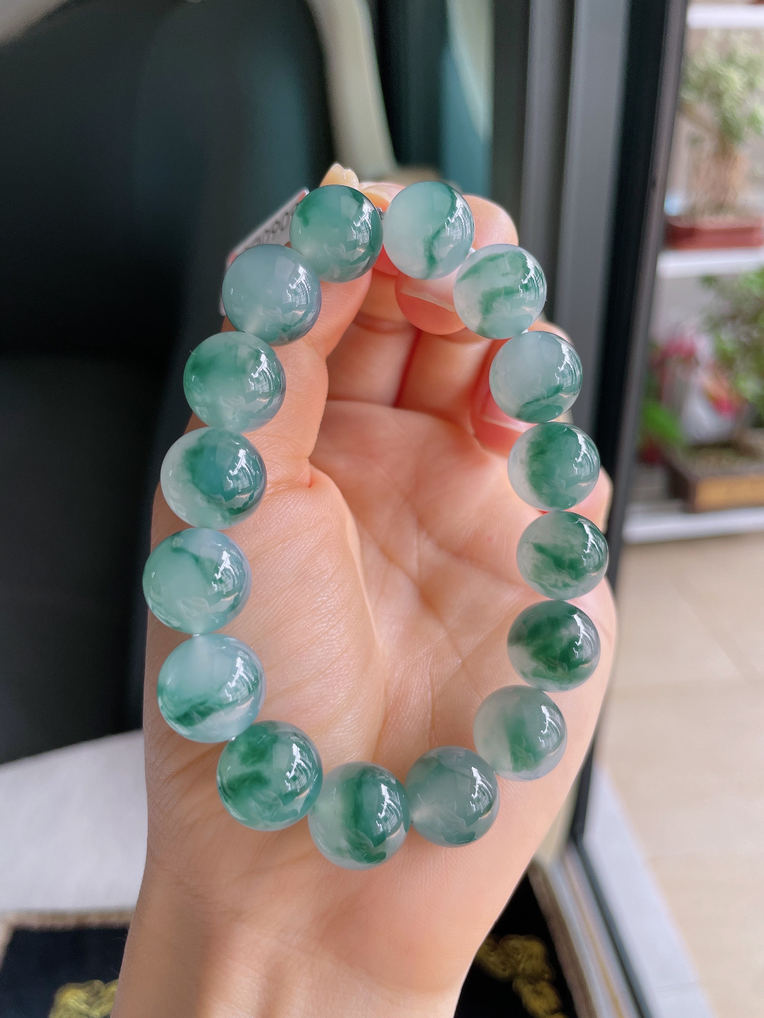 缅甸天然翡翠A货，冰飘花手链，尺寸：13mm。【编4004】