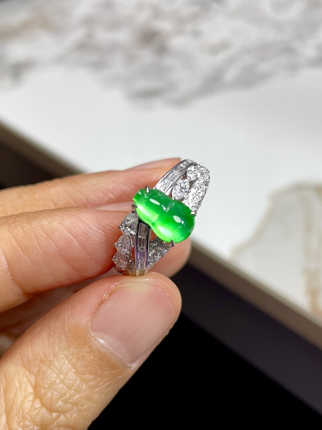 新品 | 玻璃种黄阳绿葫芦戒指裸石：9*6*3.5mm整体：9*6*6.5mm