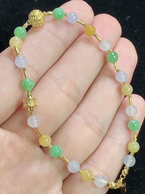 18k金镶冰多彩玉珠手链，裸石尺寸4.4mm，D26ryg