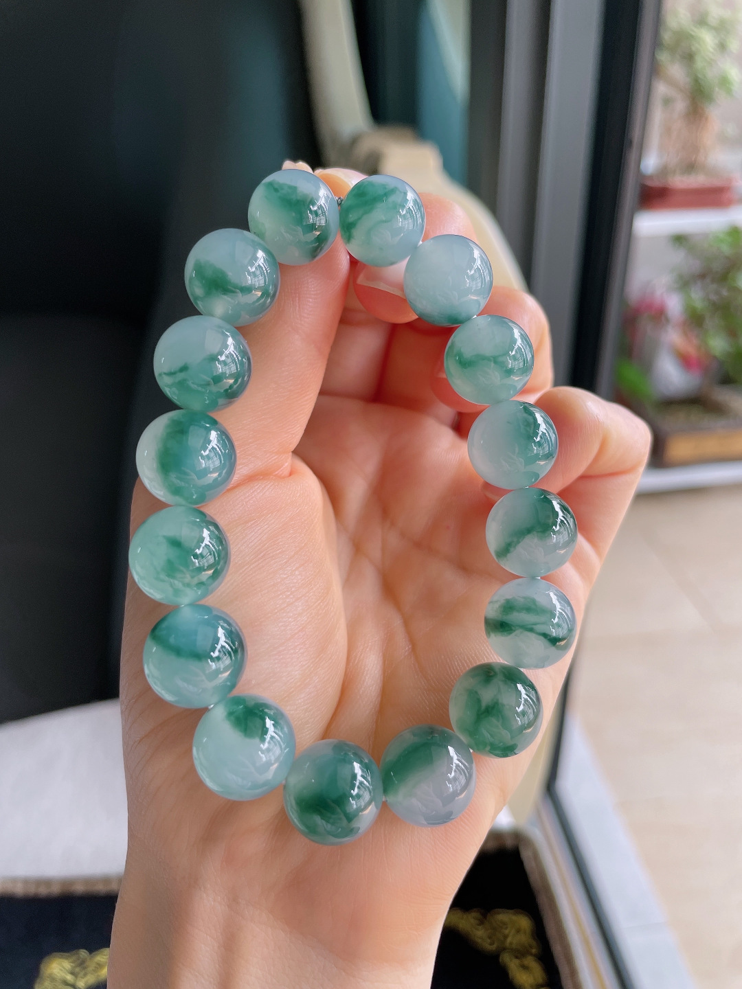 缅甸天然翡翠A货，冰飘花手链，尺寸：13mm。【编4004】