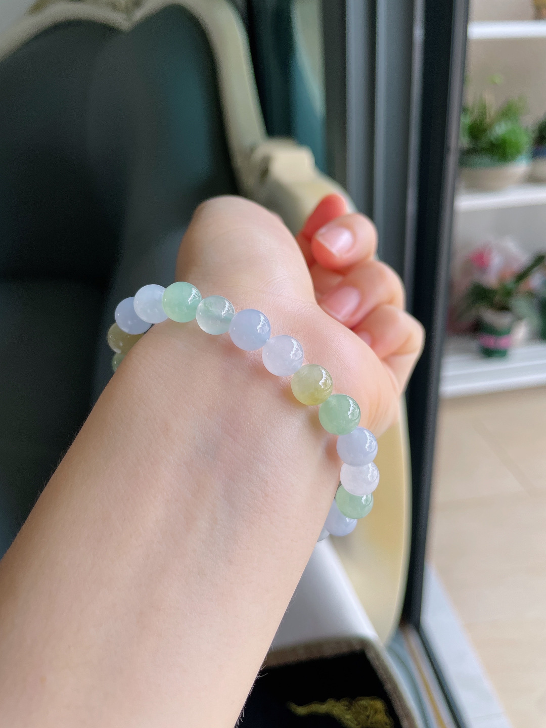 缅甸天然翡翠A货，冰多宝手串，尺寸：8mm。【编4296】