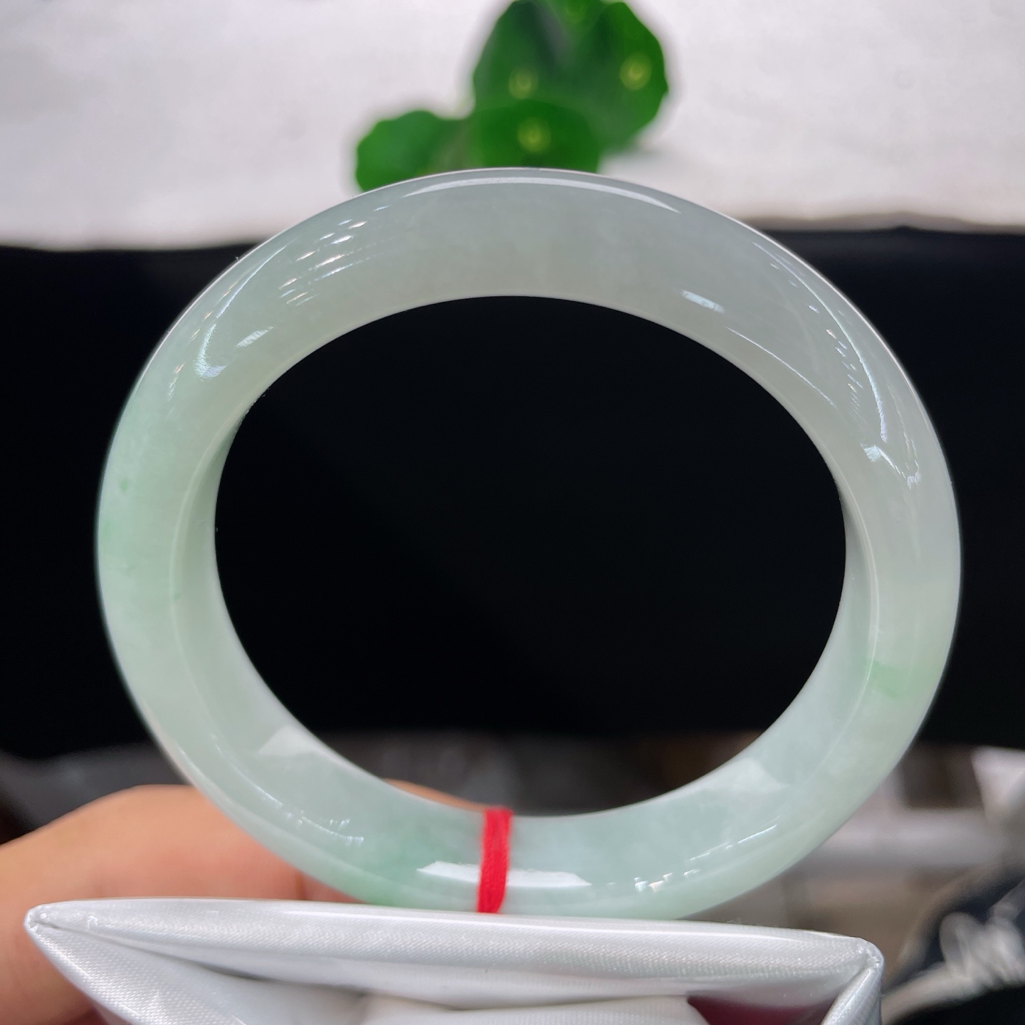 翡翠手镯 圈口57.5/12.5/8.6，白底飘绿花正圈，绿意如烟似雾缓缓晕开，无裂。
