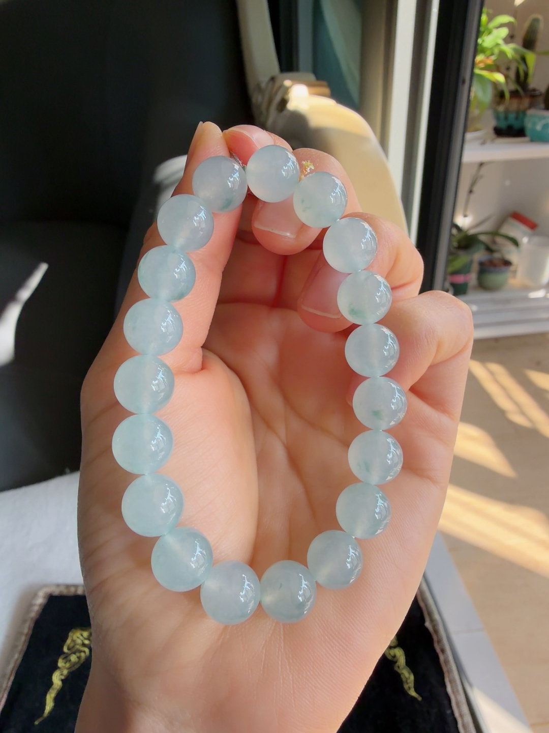 缅甸天然翡翠A货，冰飘花手链，尺寸：9.8mm。【编3191】