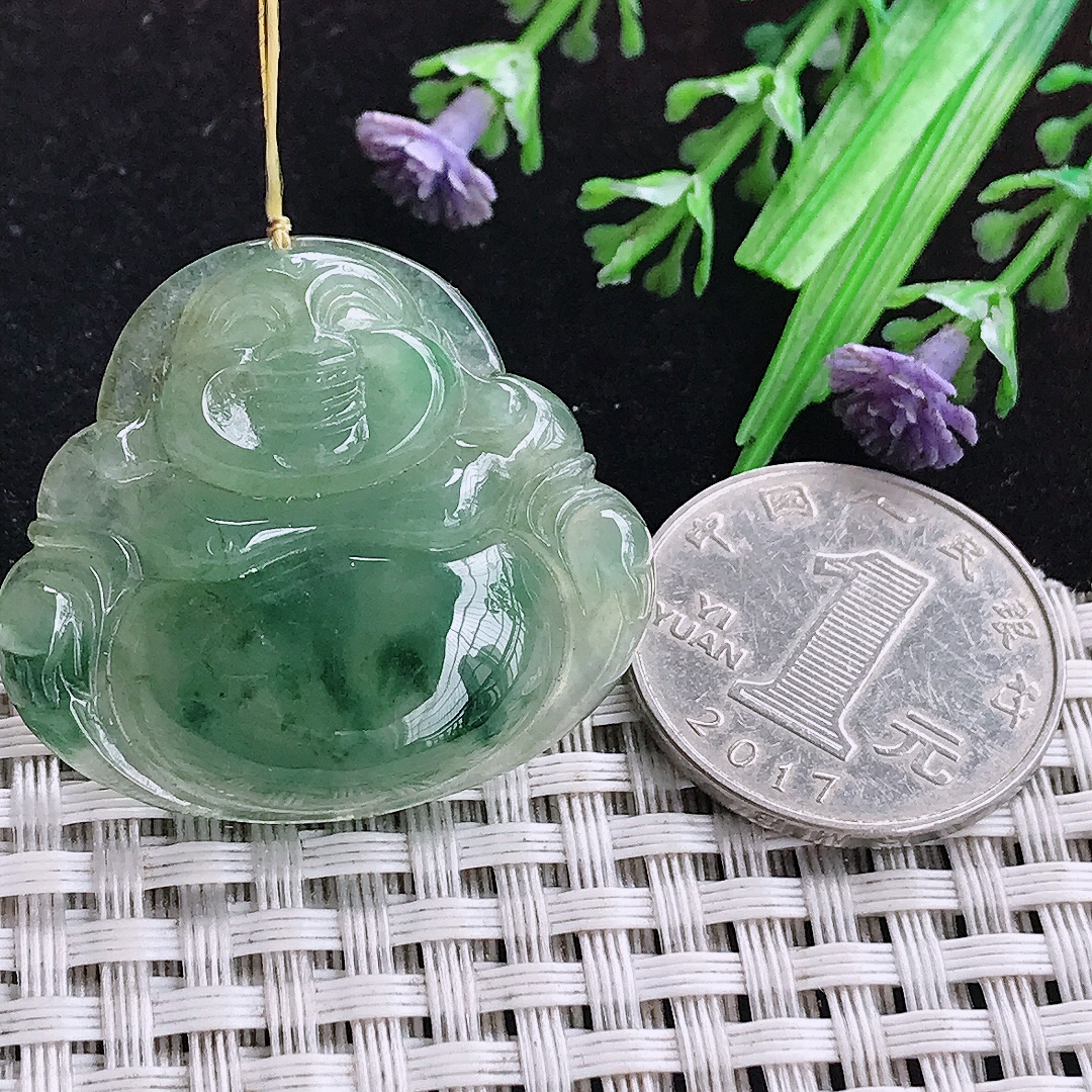 实拍A货翡翠31/35/7老坑冰润起胶飘花佛公吊坠翡翠玉佛挂件