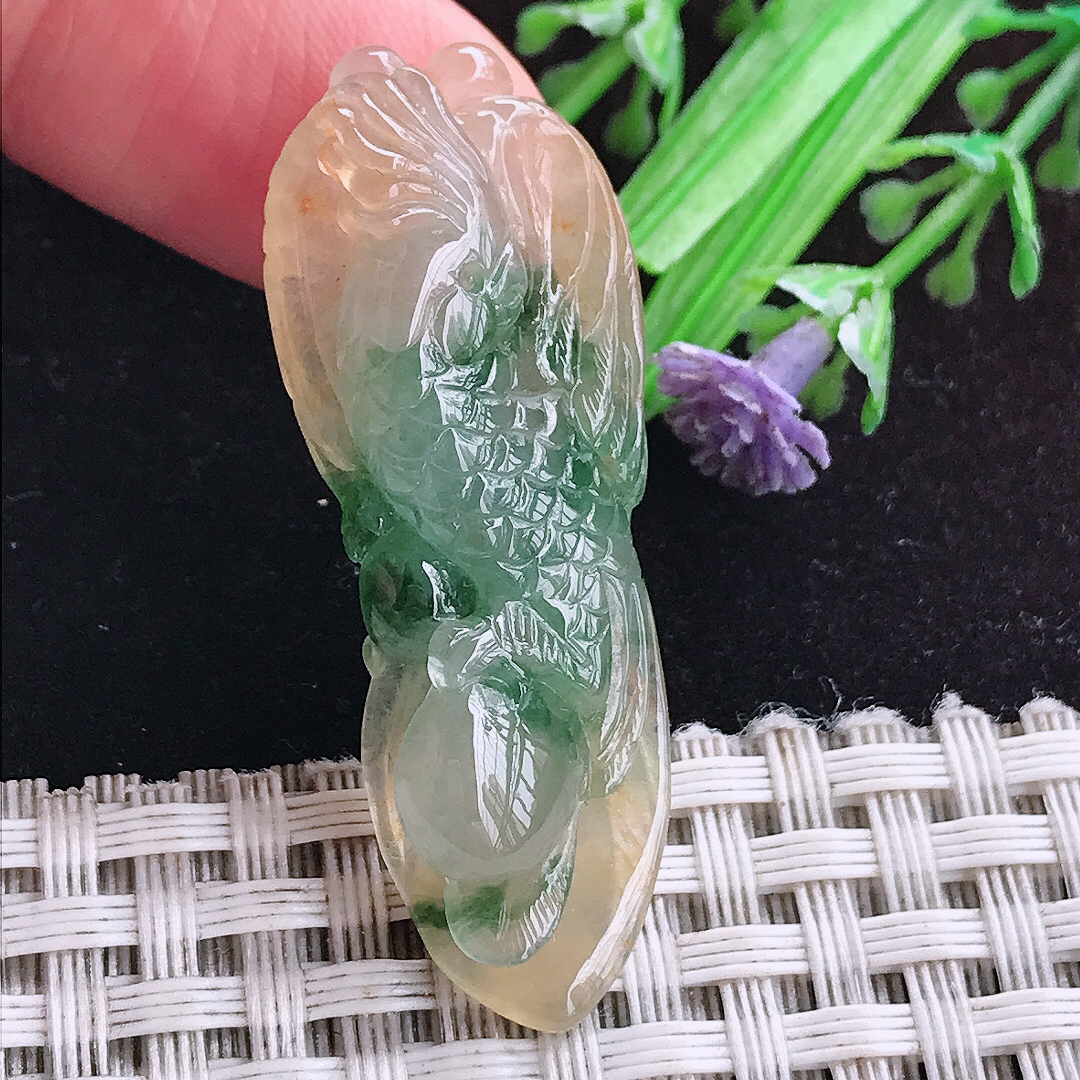 实拍A货翡翠43.5/16.6/8老坑冰透果冻胶双彩鹦鹉吊坠翡翠玉坠
