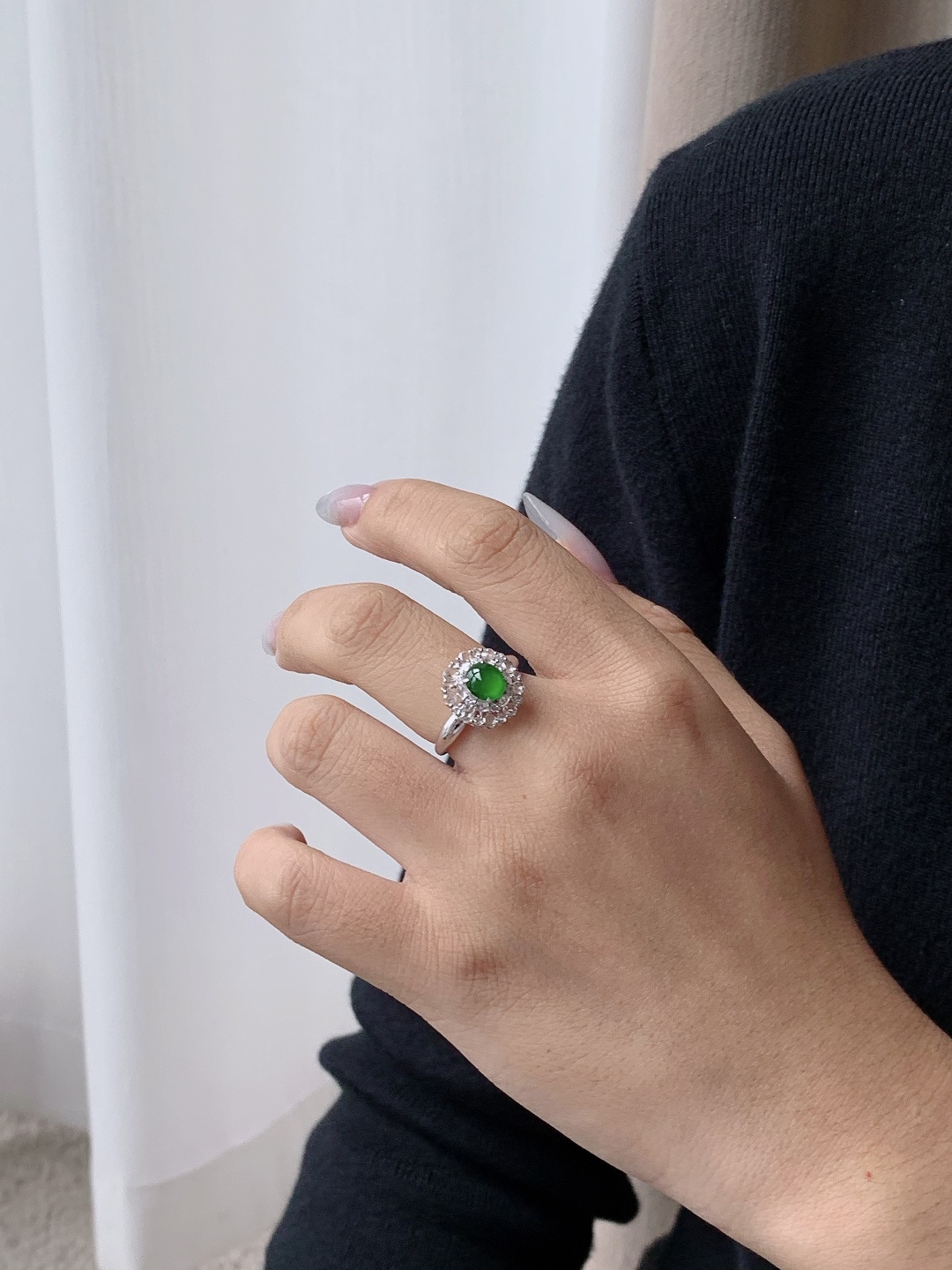 冰阳绿蛋面戒指,18k金镶嵌,性比高,13.4-12.8-10,6.6-6-2.4,14号,3.5克