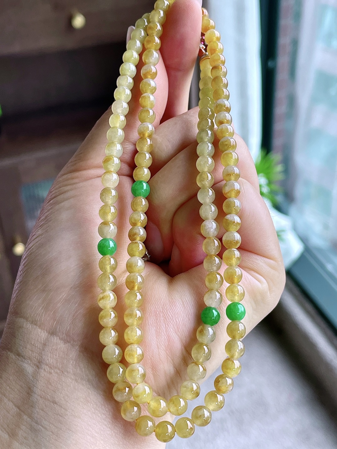 冰黄翡珠链圆珠珠子珠链，性比高，尺寸5.5-5mm，31cm，重量35.8克