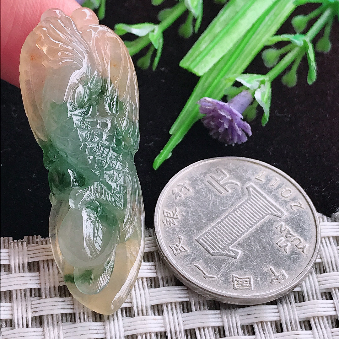 实拍A货翡翠43.5/16.6/8老坑冰透果冻胶双彩鹦鹉吊坠翡翠玉坠