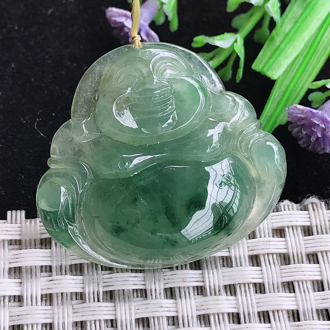 实拍A货翡翠31/35/7老坑冰润起胶飘花佛公吊坠翡翠玉佛挂件