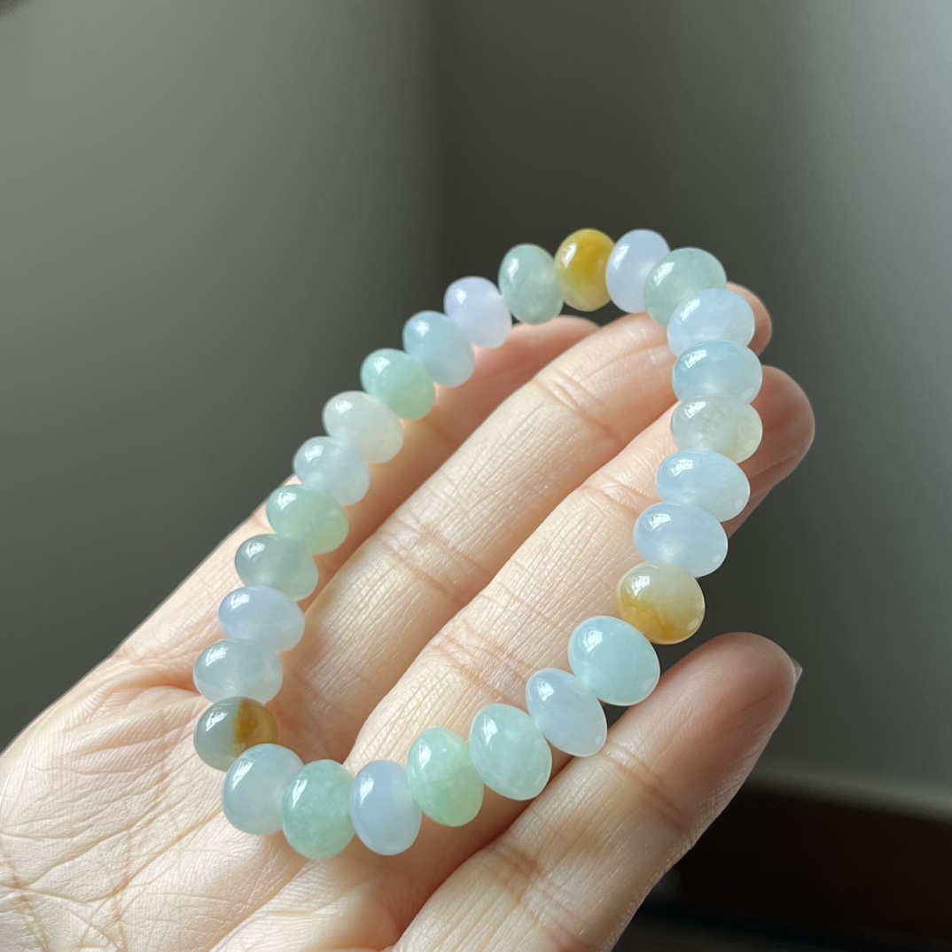 1号，冰种三彩鼓珠，算盘珠手链，种水好，冰透，尺寸9.1×7.3