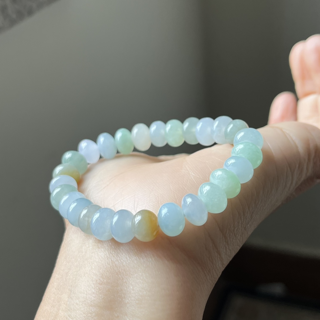 1号，冰种三彩鼓珠，算盘珠手链，种水好，冰透，尺寸9.1×7.3