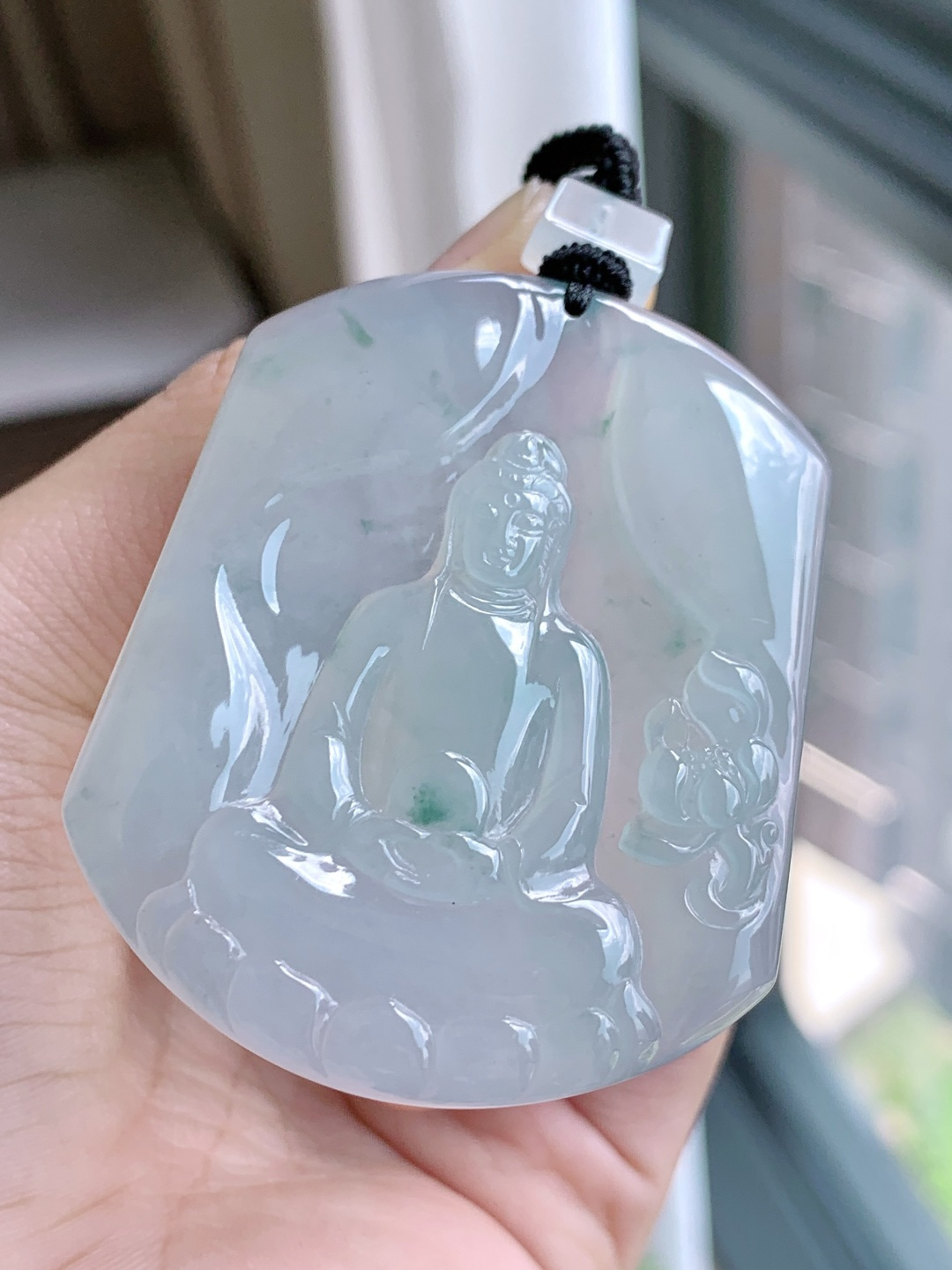 冰飘花莲花观音牌吊坠,缅料 性比高,尺寸52.3-43.2-5.8,重量31.3克