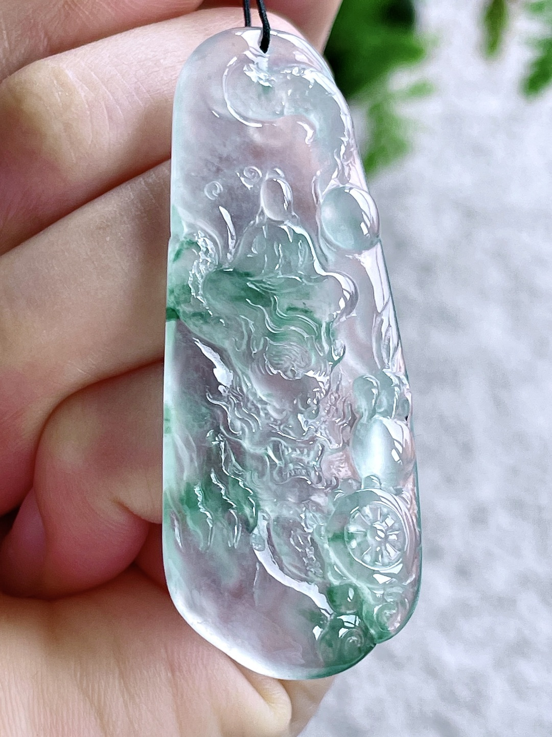 高冰飘绿花御龙无相观音牌吊坠,缅料,无裂,性比高,飘花,尺寸60-22.3-4.7,重量14.3克