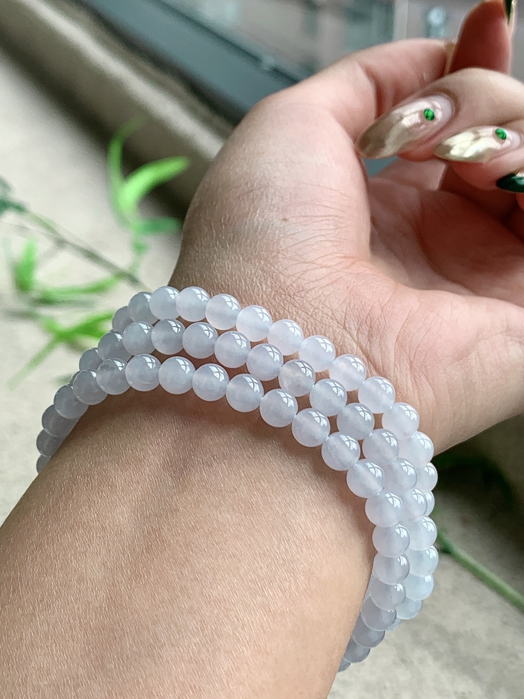 珠子冰白冰珠链圆珠子珠链,缅料 性比高,尺寸6mm，32cm,重量40.6克