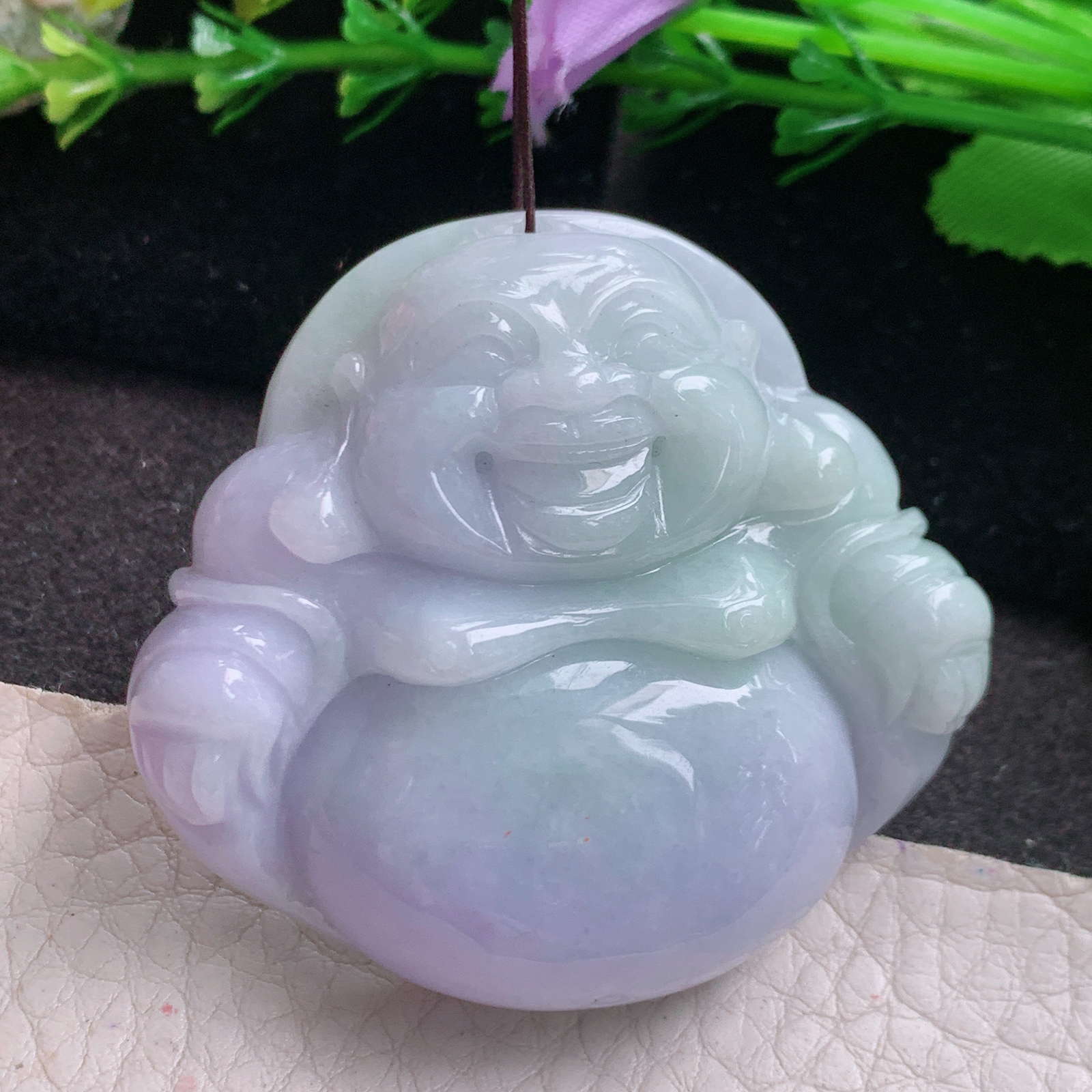 zen实拍41*41.8*12缅甸翡翠高品质春带彩大佛公 开心佛玉吊坠