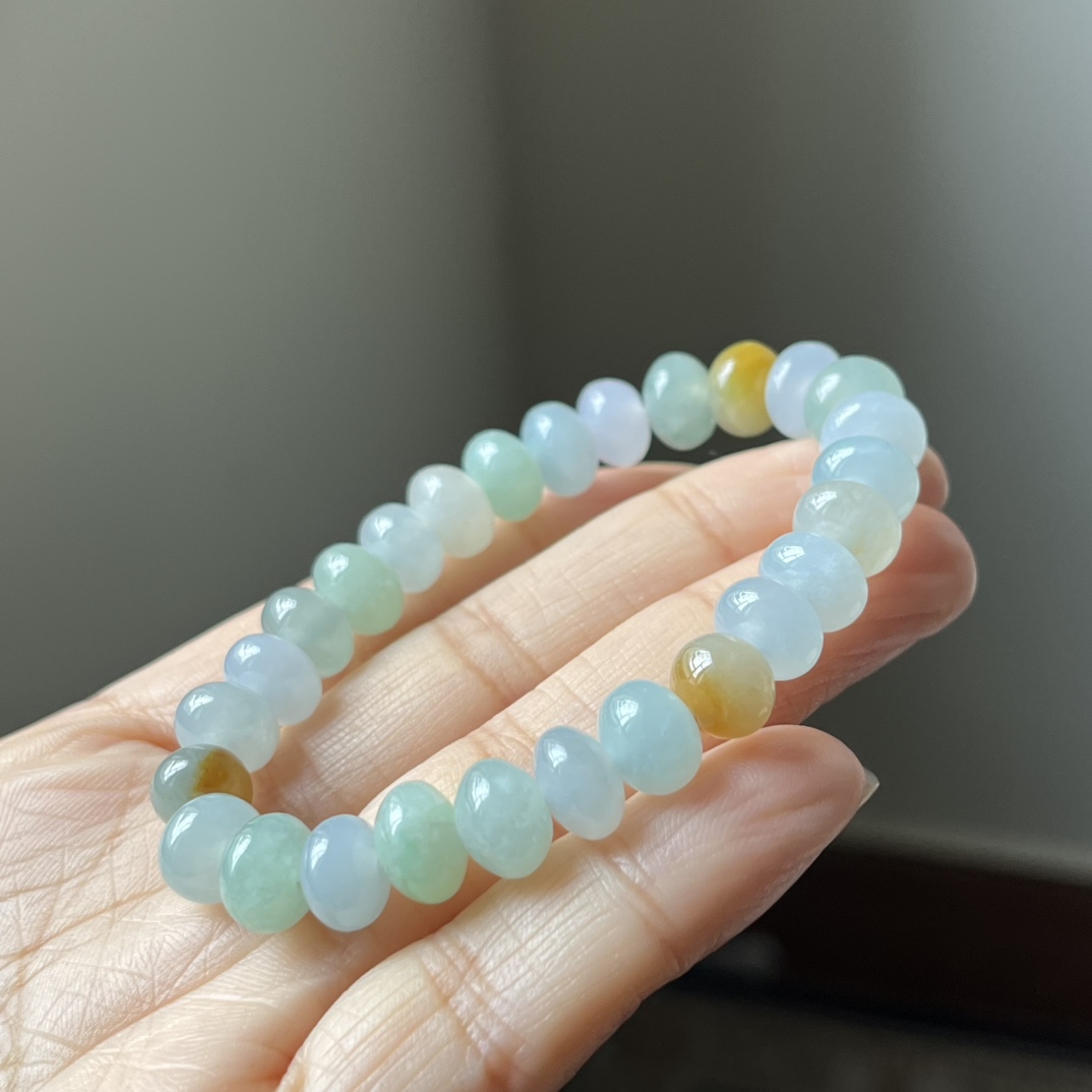 1号，冰种三彩鼓珠，算盘珠手链，种水好，冰透，尺寸9.1×7.3