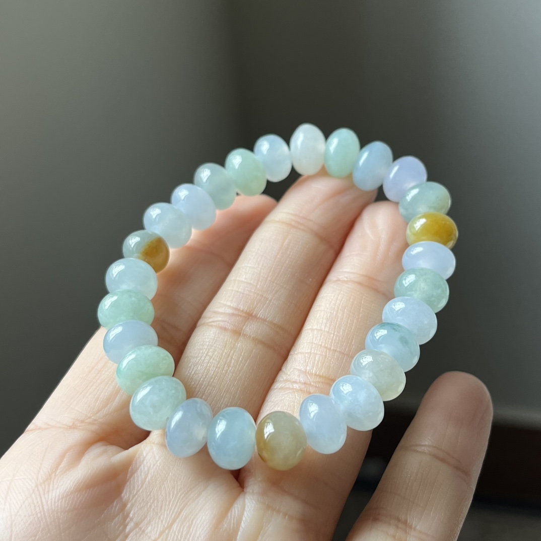 1号，冰种三彩鼓珠，算盘珠手链，种水好，冰透，尺寸9.1×7.3