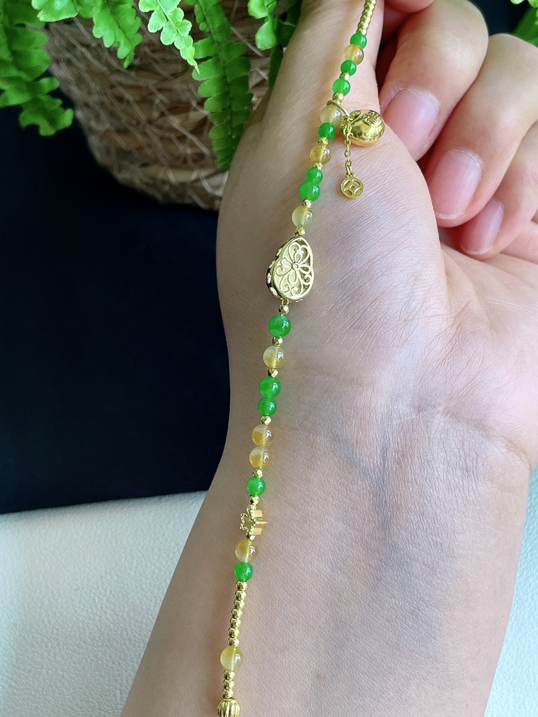 冰阳绿葫芦手链双彩圆珠珠子手链,18k金镶嵌,,性比高