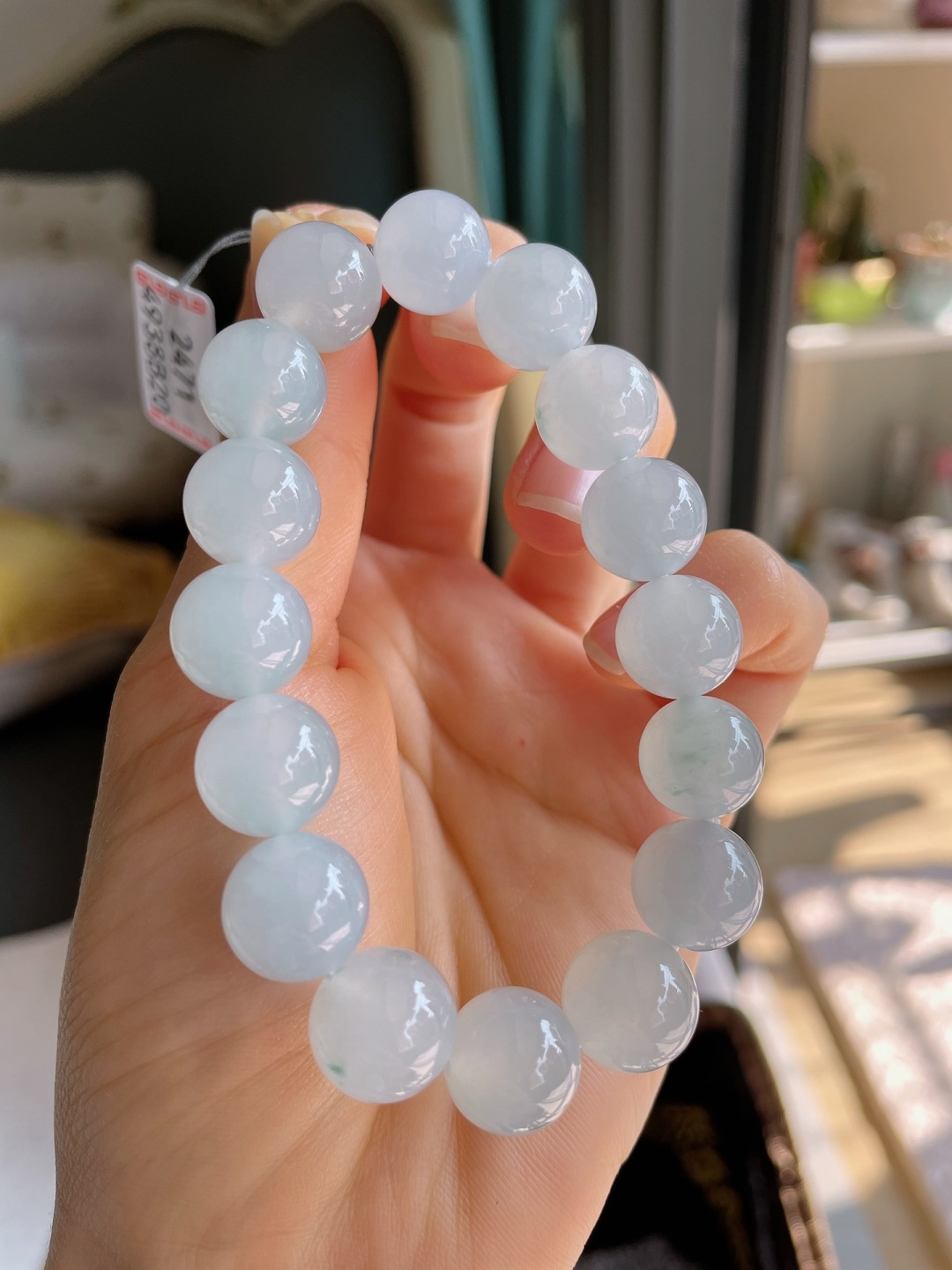 ️，缅甸天然翡翠A货，冰飘花手串，尺寸：12.2mm。-2471