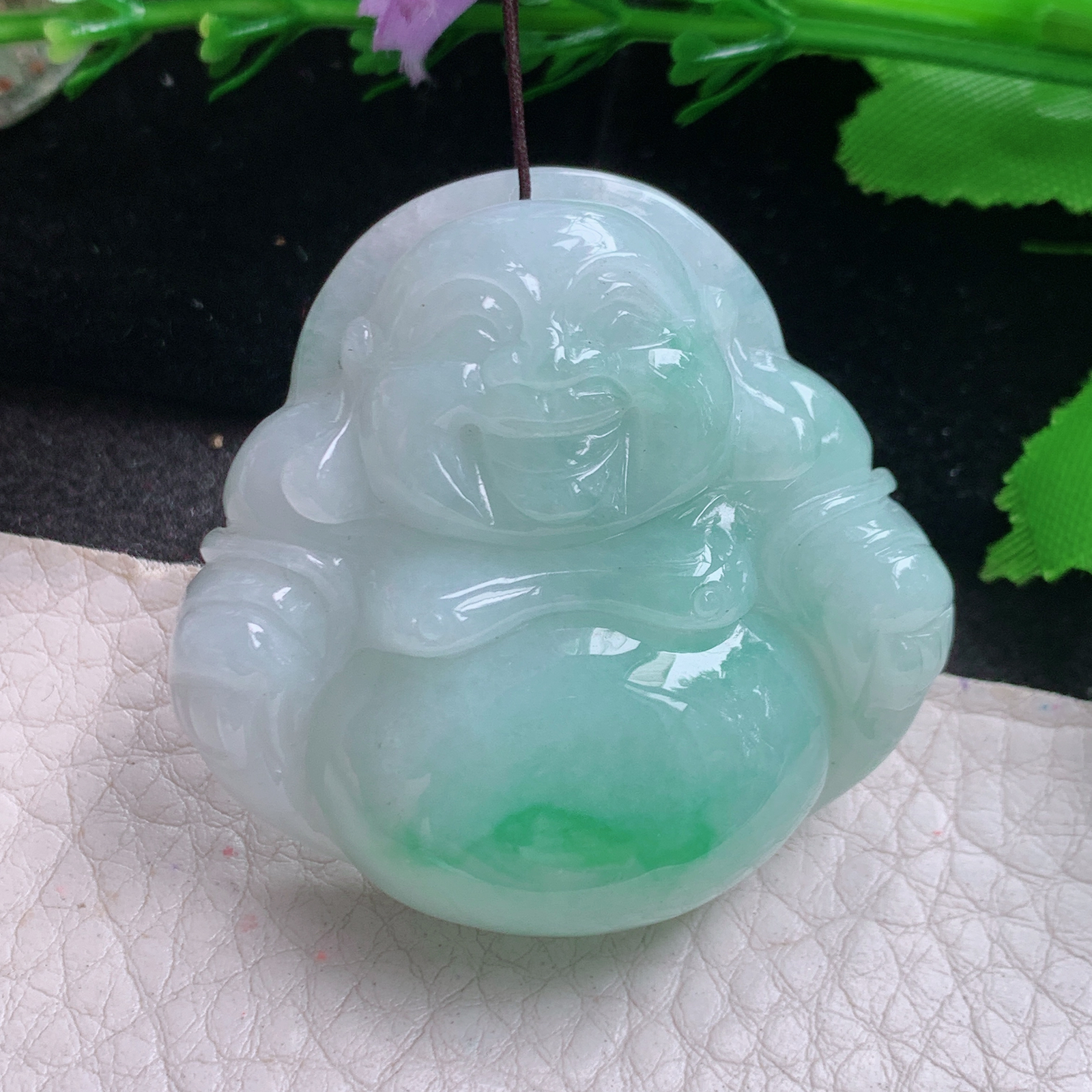 zen实拍42*44*12.3缅甸翡翠高品质饱满飘绿花弥勒佛 佛公玉吊坠