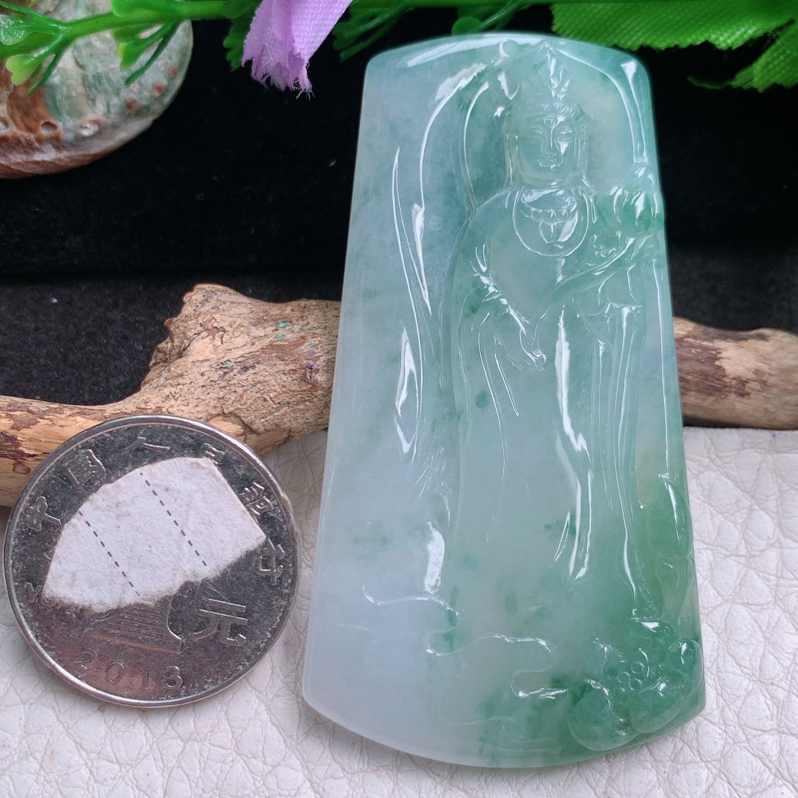 Yl实拍63.3*33.8*5缅甸翡翠a货飘花自在飘观音菩萨站观音