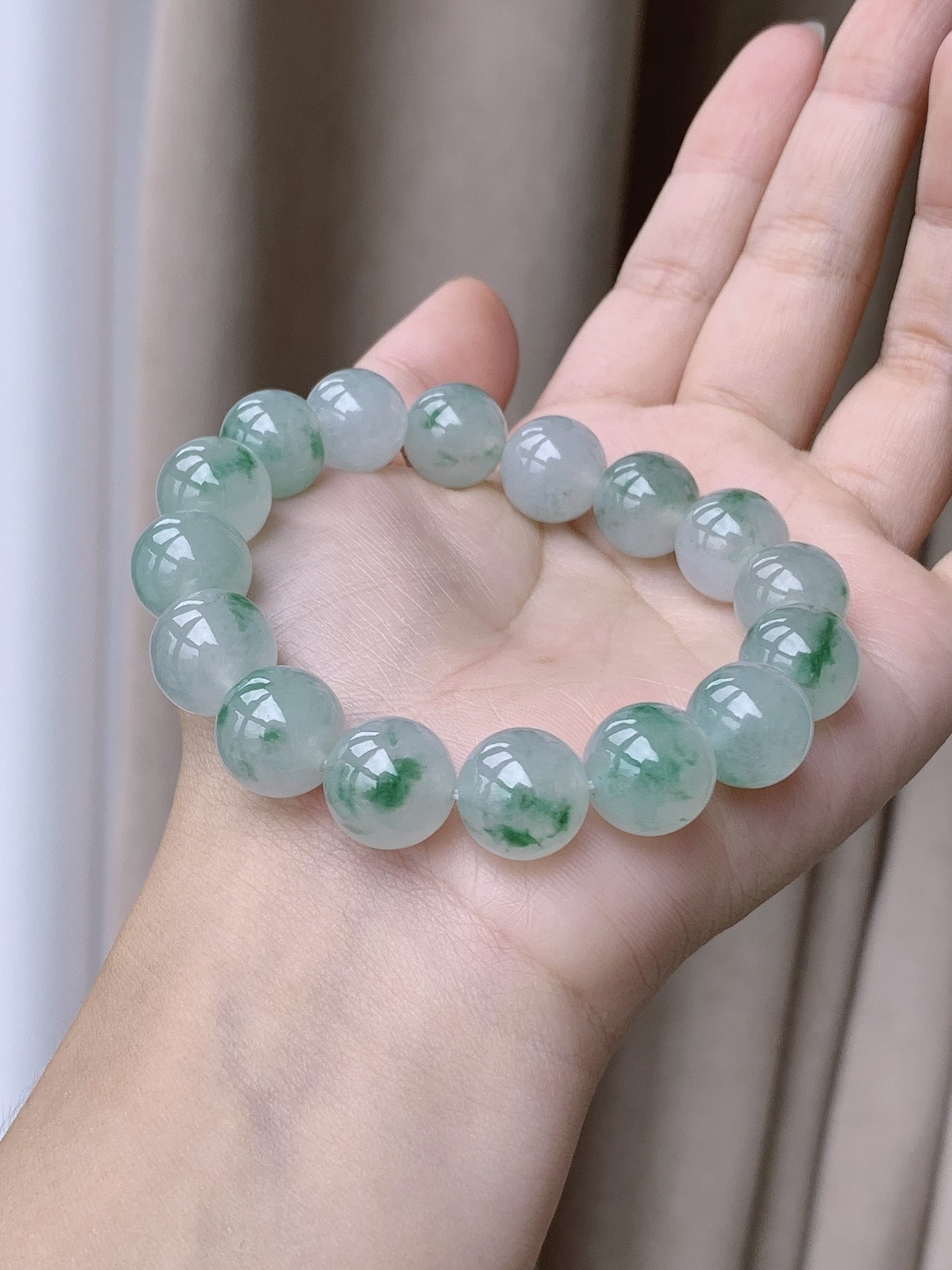 珠子冰飘绿花手串圆珠珠子手串,飘花,12.5mm,58.5克